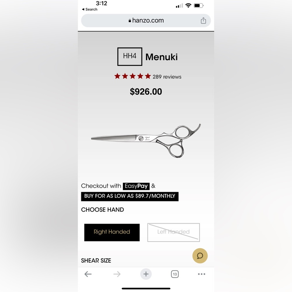 USED Hattori Hanzo hair cutting shears. HH-4 6”. (right)